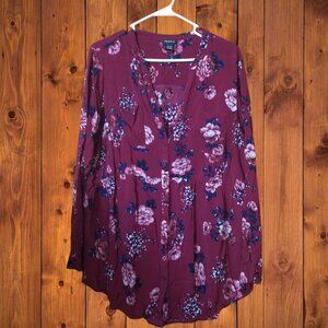 Torrid Women's Plus Size 2 Burgundy Floral Boho Blouse Long Sleeve Button Front